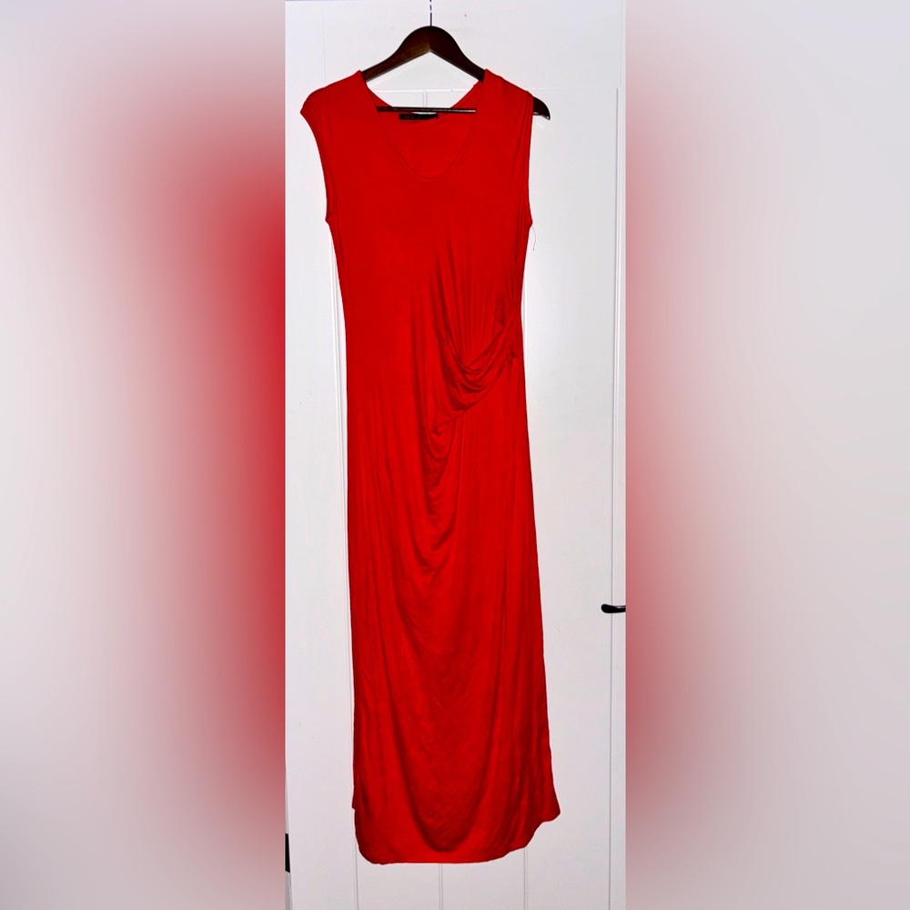Fraiche By J Red Ruched Jersey Women Maxi Dress Size L Beach Travel Summer Party